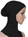 Black ninja hijab undercap with full neck coverage made from soft stretch fabric, modest Muslim underscarf worn under hijab for secure comfortable everyday wear.