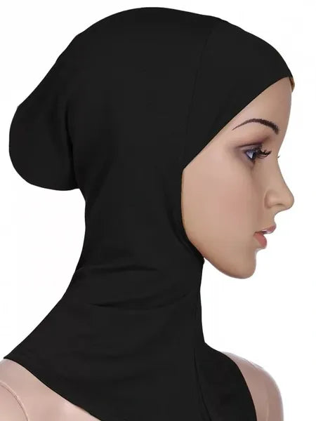 Black ninja hijab undercap with full neck coverage made from soft stretch fabric, modest Muslim underscarf worn under hijab for secure comfortable everyday wear.