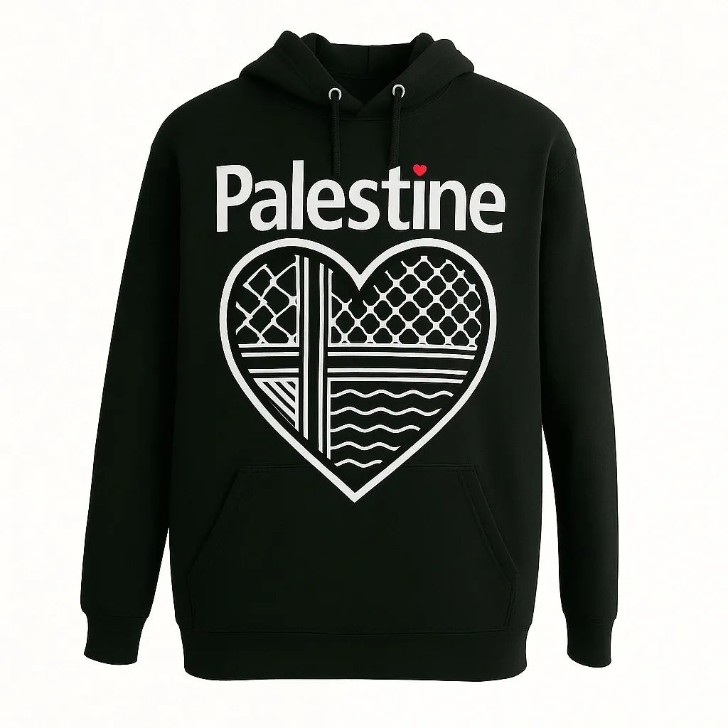 Black Palestine hoodie with heart shaped keffiyeh pattern design and Palestine text, unisex Palestinian pride graphic sweatshirt with flag detail on sleeve