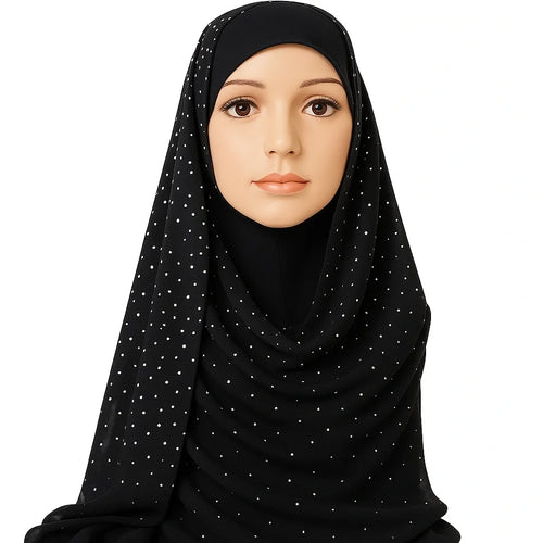 Black chiffon hijab with pearl bead detailing, elegant modest headscarf for women, lightweight breathable Muslim hijab scarf with delicate pearl embellishments for Eid, weddings, and formal occasions