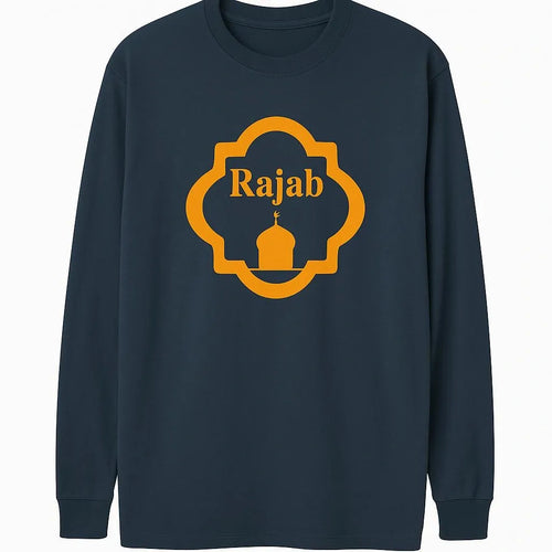 Black Rajab Islamic long sleeve shirt with gold ornamental frame design, modest Muslim full sleeve top for men and women by Affordable Hijab USA