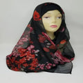 black red floral chiffon hijab scarf lightweight breathable flowy fabric modest Muslim headscarf elegant drape hijab with flower print full coverage stylish scarf for women