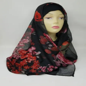 black red floral chiffon hijab scarf lightweight breathable flowy fabric modest Muslim headscarf elegant drape hijab with flower print full coverage stylish scarf for women