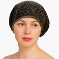 Black rhinestone bun turban cap for women with sparkling crystal rhinestones on soft stretch fabric. Modest hijab headwear with built-in bun design for elegant styling, comfortable slip-on turban cap for everyday wear, prayer, formal events, and modest fashion outfits.