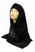 Black chiffon hijab with rhinestone embellishments, elegant modest fashion headscarf for women, lightweight chiffon scarf for formal events from Affordable Hijab USA