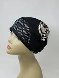 Black rhinestone hijab cap with decorative flower detail on the back, soft stretch fabric modest Muslim head covering for women with sparkling rhinestone design