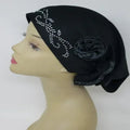 black turban headwrap with rhinestone design and flower detail soft stretch fabric modest headwear for women elegant full coverage turban comfortable daily wear and special occasions