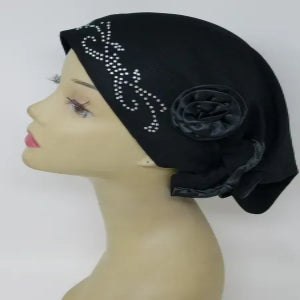 black turban headwrap with rhinestone design and flower detail soft stretch fabric modest headwear for women elegant full coverage turban comfortable daily wear and special occasions