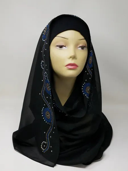 Black hijab scarf with blue rhinestone detail along the sides, modest fashion headscarf, elegant lightweight hijab with sparkling accents for everyday or special occasions