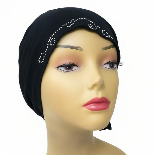 Black instant hijab cap with rhinestone detail worn on mannequin, modest Muslim underscarf headwrap for women, stretch hijab cap for secure and comfortable everyday wear.