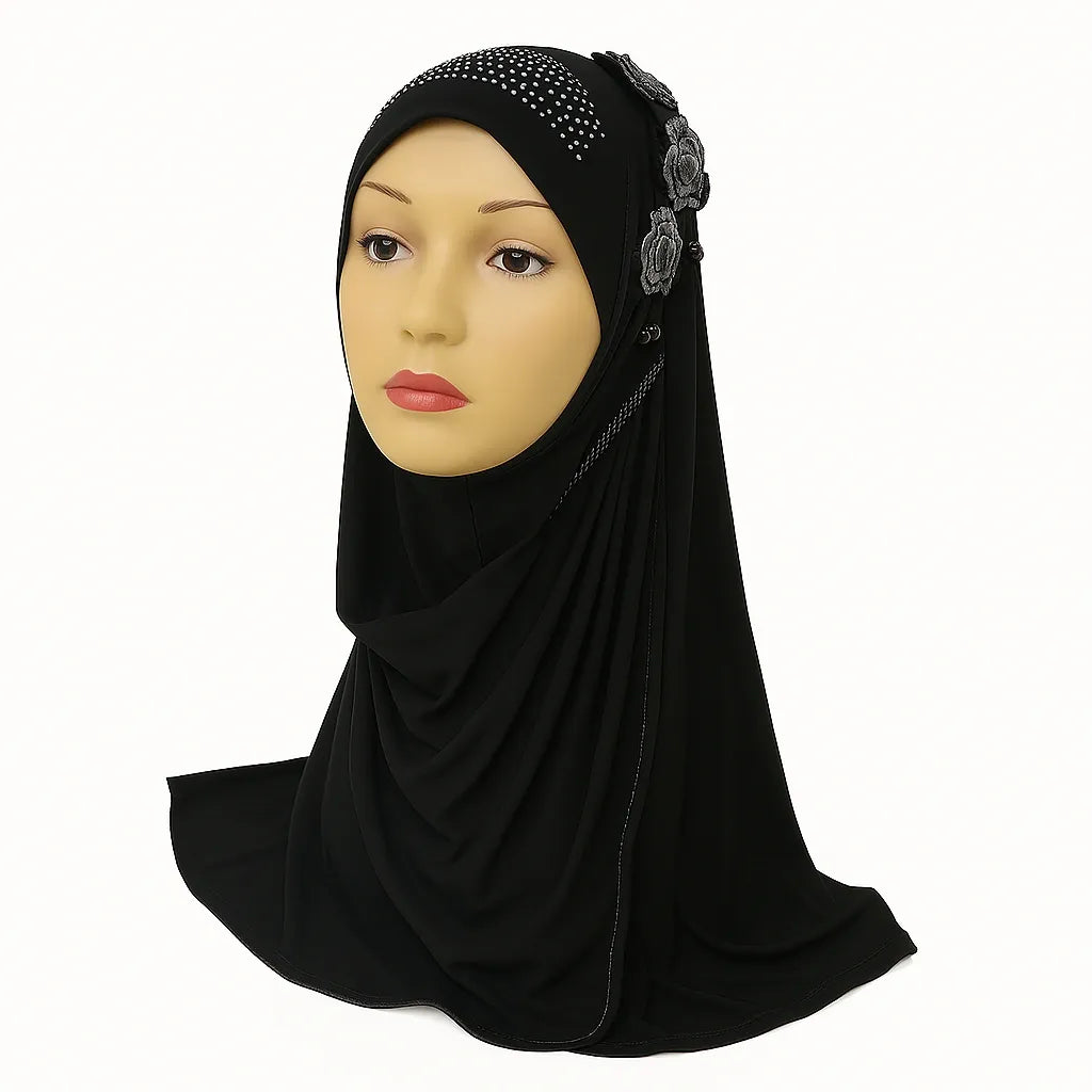 Black rhinestone khimar hijab with decorative floral rhinestone detail on the side, elegant modest Islamic head covering for women, full coverage one piece khimar from Affordable Hijab USA suitable for prayer and everyday modest fashion.