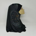 Black one piece hijab with rhinestone detailing, full coverage modest headscarf, elegant draped style, soft fabric, ready to wear hijab for daily wear, formal events and special occasions