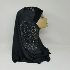 Black one piece hijab with rhinestone detailing, full coverage modest headscarf, elegant draped style, soft fabric, ready to wear hijab for daily wear, formal events and special occasions