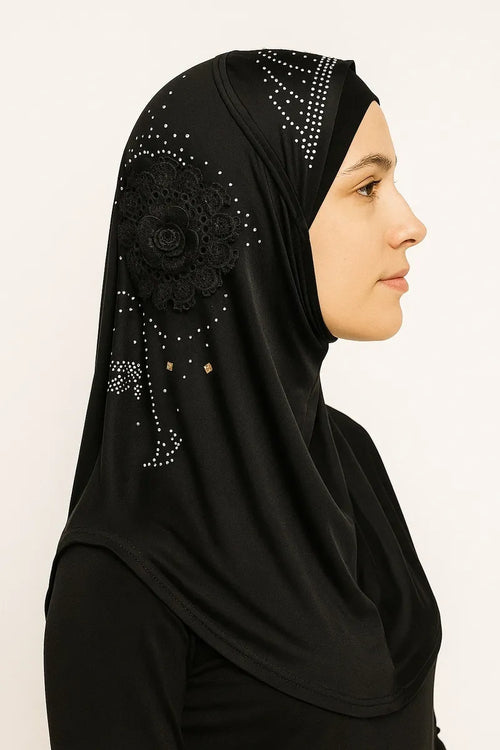 black rhinestone one piece hijab for women ready to wear modest muslim headwear pull on hijab with rhinestone flower design