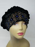 Elegant black rhinestone turban for women, luxury embellished hijab cap with crystal bead details, stretch fit modest headwear, stylish prayer turban, formal occasion head covering, soft comfortable fabric, ready to wear hijab alternative for weddings, events, and daily wear