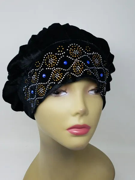 Elegant black rhinestone turban for women, luxury embellished hijab cap with crystal bead details, stretch fit modest headwear, stylish prayer turban, formal occasion head covering, soft comfortable fabric, ready to wear hijab alternative for weddings, events, and daily wear