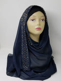 Black rhinestone chiffon hijab scarf for women, lightweight chiffon headscarf with sparkle detail, elegant modest hijab, long drape scarf, breathable fabric hijab, Muslim women head covering, stylish black chiffon hijab with rhinestones, dressy hijab for special occasions