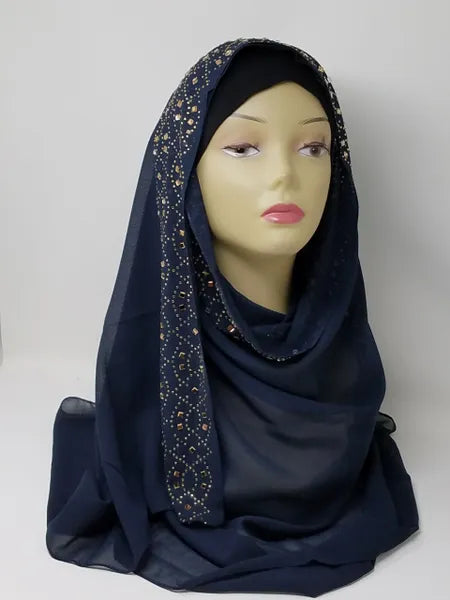 Black rhinestone chiffon hijab scarf for women, lightweight chiffon headscarf with sparkle detail, elegant modest hijab, long drape scarf, breathable fabric hijab, Muslim women head covering, stylish black chiffon hijab with rhinestones, dressy hijab for special occasions