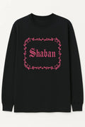 Black Shaban Islamic long sleeve shirt with pink leaf frame design, modest Muslim full sleeve top for women and men by Affordable Hijab USA