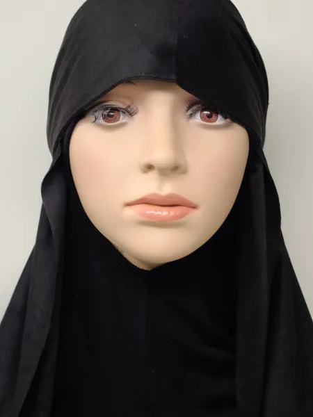 Black suede hijab with attached headband, soft modest headscarf for women, full coverage elegant draped hijab style
