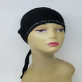 black hijab undercap tie back cap with rhinestone detail stretch fabric Muslim women underscarf breathable comfortable secure fit modest wear daily