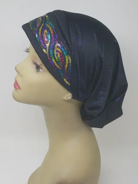 black turban hijab wrap with colorful band detail modest headwrap stretch cap style easy wear muslim turban scarf comfortable everyday look
