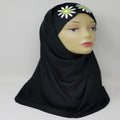 black two-piece hijab with inner cap full coverage modest headscarf soft stretch fabric floral detail instant hijab Muslim women daily wear comfortable breathable modest fashion