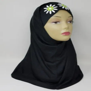 black two-piece hijab with inner cap full coverage modest headscarf soft stretch fabric floral detail instant hijab Muslim women daily wear comfortable breathable modest fashion