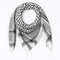 Black and white keffiyeh scarf with traditional pattern and tassel edges, lightweight Palestinian style headscarf for men and women, classic keffiyeh scarf