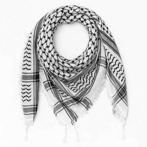 Black and white keffiyeh scarf with traditional pattern and tassel edges, lightweight Palestinian style headscarf for men and women, classic keffiyeh scarf