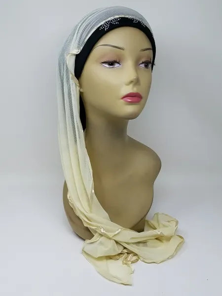 Black wrap turban hijab on mannequin, stylish pre wrapped headwear, soft stretch fabric, modest turban style hijab for women