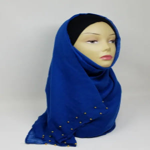 blue chiffon hijab scarf with gold bead detailing lightweight soft fabric modest fashion head covering elegant full coverage breathable drape for women everyday and special occasions