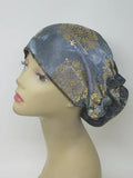 Blue gold patterned turban for women, soft stretch fabric head covering, ready to wear turban headwear, full coverage modest headwear, lightweight breathable turban, slip on hijab alternative, comfortable daily wear turban, stylish printed turban for women, easy wear head covering, patterned turban headwear