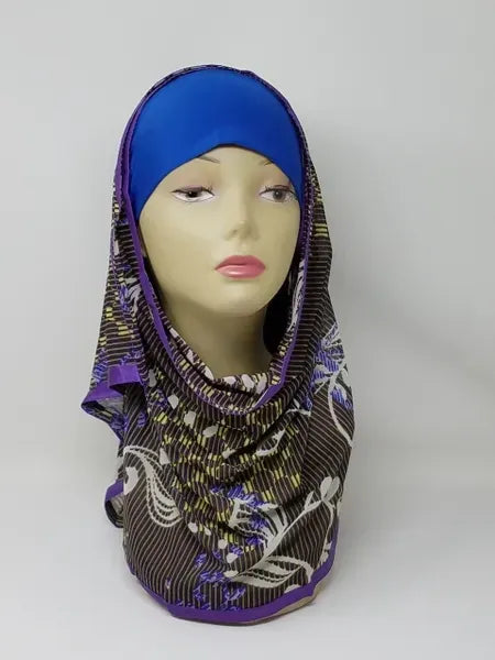 blue and purple printed attached under scarf hijab for women, hijab with built in under scarf and patterned scarf, easy wear no pin hijab, layered modest hijab, lightweight comfortable fabric, Muslim women head covering, blue inner cap with purple printed outer hijab