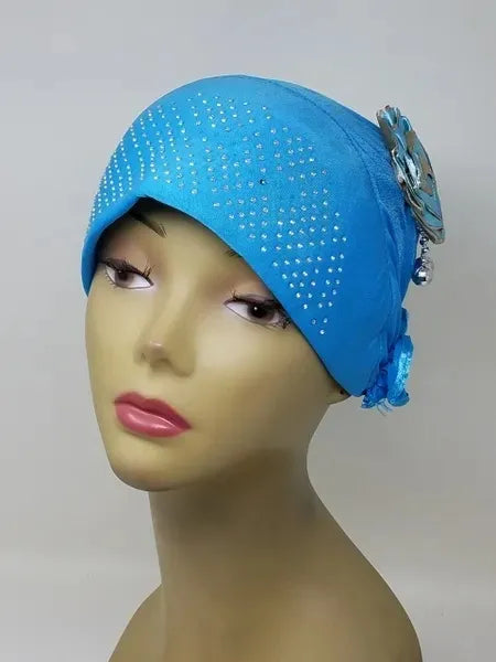 Blue rhinestone hijab cap with decorative flower detail on the back, sparkling rhinestones on soft stretch fabric modest Muslim headwear for women