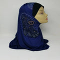 blue rhinestone one piece hijab on mannequin smooth fabric full coverage slip on modest Muslim headscarf elegant simple everyday wear soft drape front and side view clean white background product image