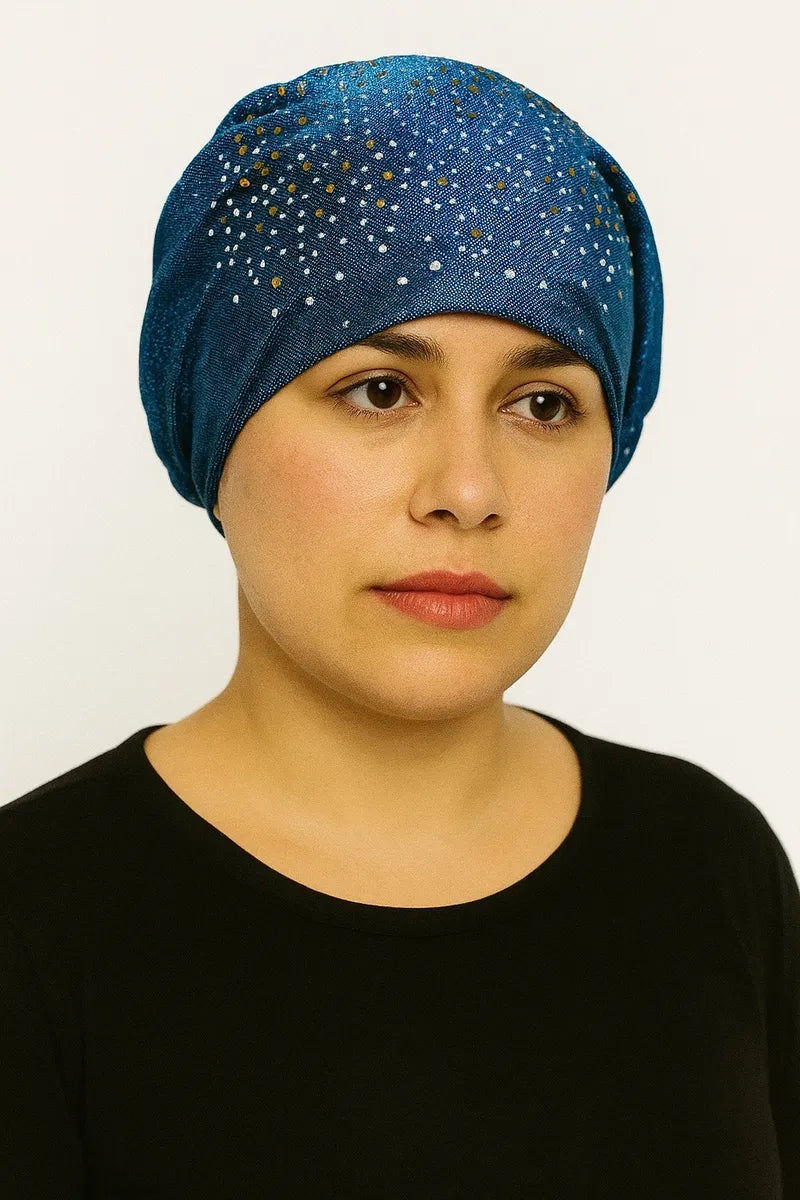 Blue rhinestone hijab bun turban cap with floral rhinestone and pearl embellishments, modest headwear for women, ready to wear hijab cap with attached bun style design from Affordable Hijab USA