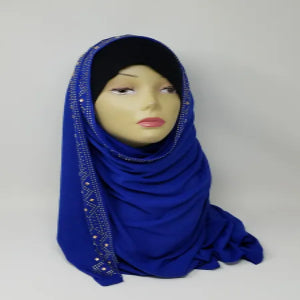 Blue rhinestone jersey hijab with soft heavy fabric and sparkling side detail, full coverage modest headscarf for daily wear and special occasions, stretch comfortable wrap style