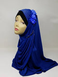 Royal blue khimar hijab with rhinestone flower detail on the side, one piece modest Muslim headwear draping over shoulders, elegant prayer and everyday Islamic head covering for women