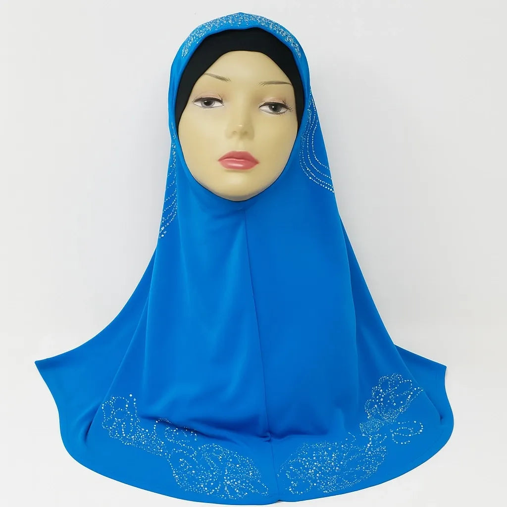 Blue one piece khimar hijab with rhinestones on the back and along the bottom edge, full coverage modest Muslim pull on hijab for everyday wear