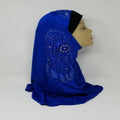 Blue one piece hijab with rhinestone side design, full coverage modest headscarf, soft draped fabric, elegant ready to wear hijab for daily wear, formal events and special occasions