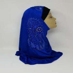 Blue one piece hijab with rhinestone side design, full coverage modest headscarf, soft draped fabric, elegant ready to wear hijab for daily wear, formal events and special occasions