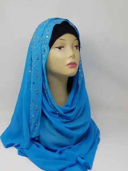 Blue rhinestone chiffon hijab scarf for women, lightweight chiffon headscarf with sparkle detail, elegant modest hijab, long drape scarf, breathable fabric hijab, Muslim women head covering, stylish bright blue chiffon hijab with rhinestones, dressy hijab for special occasions