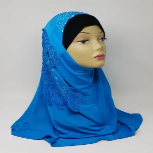 Blue one-piece hijab with rhinestone side design, full coverage modest headscarf, soft draped fabric, ready to wear instant hijab for daily wear and special occasions
