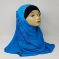 Blue one-piece hijab with rhinestone side design, full coverage modest headscarf, soft draped fabric, ready to wear instant hijab for daily wear and special occasions