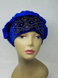 Blue rhinestone turban for women with crystal front detail, soft stretch headwrap turban, stylish modest headwear, elegant blue turban cap for daily wear, breathable comfortable hair covering, fashion turban for women, luxury rhinestone headwrap, secure fit turban for hair protection and style