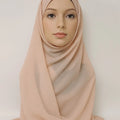Blush chiffon hijab styled on model, soft lightweight full coverage modest scarf for everyday wear USA