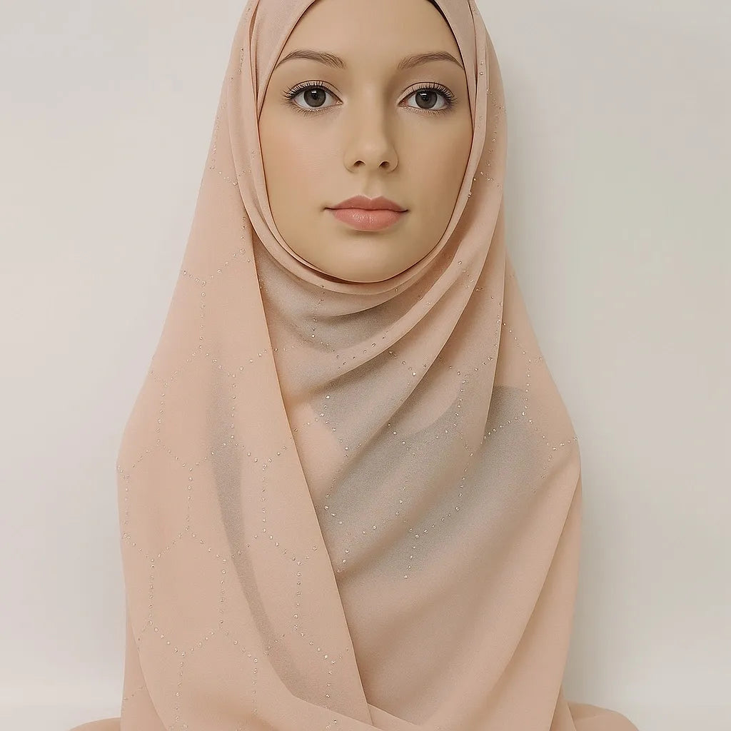 Blush chiffon hijab styled on model, soft lightweight full coverage modest scarf for everyday wear USA
