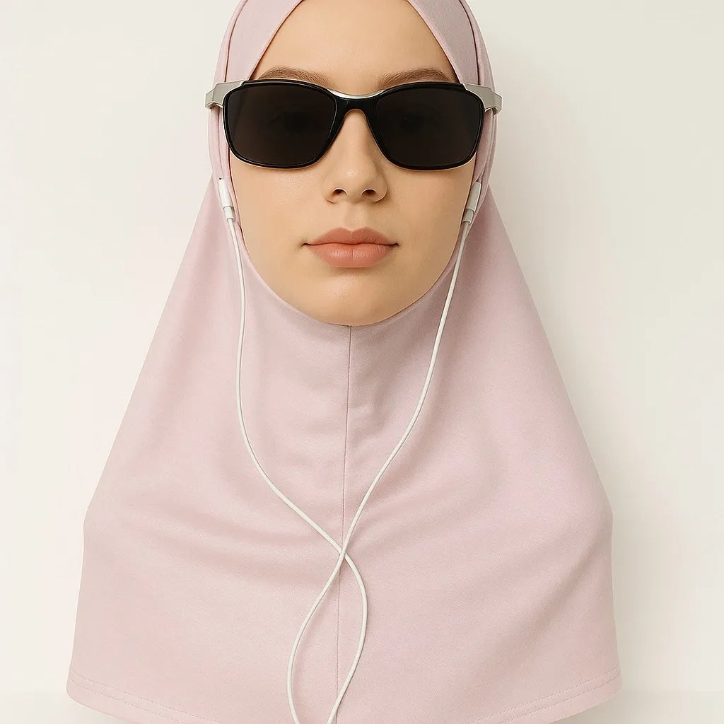 Blush pink cotton one piece instant hijab styled on mannequin with sunglasses, soft breathable pull on modest headscarf for everyday wear USA