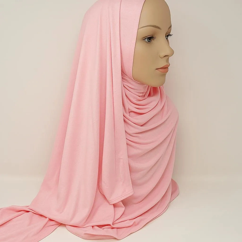 Blush pink heavy jersey khimar hijab with full drape coverage, pull-on over the head modest Muslim women headscarf